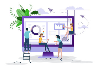 Business concept, social media, learning,  People  are creating  business on internet, analysis and problem solving, Online business promotion, Brainstorming together in team work.Vector illustration.