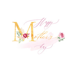 Hand painted watercolor greeting card. Congratulation on mother's day. Beautiful decorated with watercolor flowers  letters and handpainted golden text.