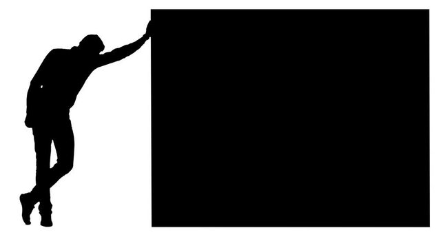 Tired guy leaned against the wall. White background. Silhouette