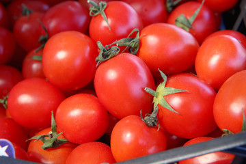 Freshly harvested red ripe tomatoes on display at the farmer's market