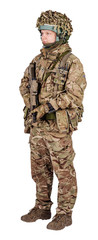 set image of modern british soldier with rifle on white background . army, military and people...