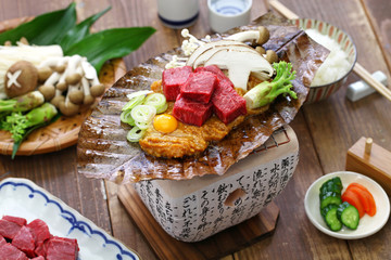 charcoal grilled Hida beef on Hoba miso, Japanese local dish