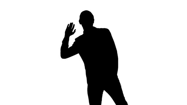 Guy is standing and waving hello. White background. Silhouette