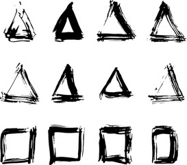 Grunge vector triangles and rectangles. Brush strokes set. Isolated on white background