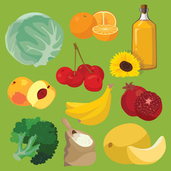 Oil, fruit, vegetables, cereals, berries