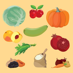 Vegetables, berries, fruits, dried fruits, greens, cereals