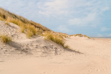 view over the dunes to the sea with blue sky