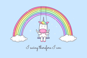 Cartoon unicorn swinging on a rainbow