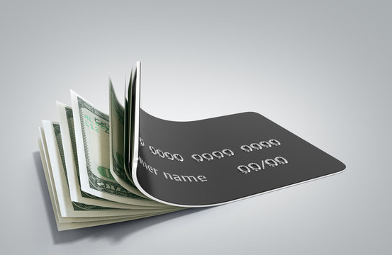 concept of cash withdrawal payment by card dollar bills fall out of the card 3d render on grey gradient