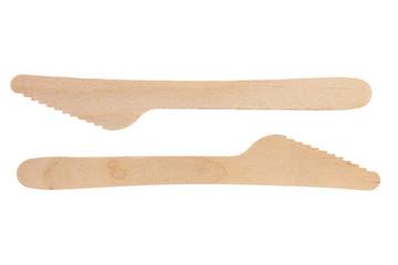 Eco-friendly materials. Wooden, disposable knife on a white background.