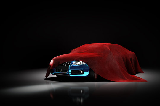 concept of presentation of the car under a red cloth in a darck studio 3d rendering Illustration