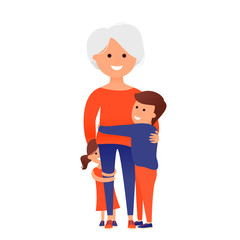 Grandmother with grandchildren, senior woman with children, cartoon vector illustration isolated on white