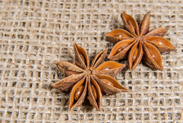 Star anise spice fruit on the rough burlap close up