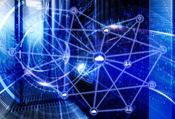 The concept of information technology, big data, security and hacking. The waves of binary code cover the data center disk storage. room with rows of server hardware in the data center