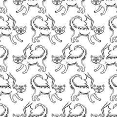 Seamless pattern of outlines of manticore cats