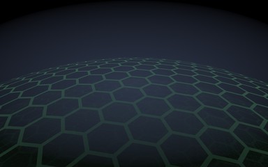 Fototapeta premium Multilayer sphere of honeycombs, blue on a black background, social network, computer network, technology, global network. 3D illustration