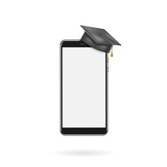 Education app, smartphone with graduation cap, screen blank. Online learning. Vector template illustration.