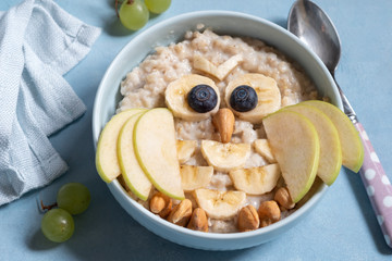 Kids breakfast porridge with fruits and nuts look like a owl