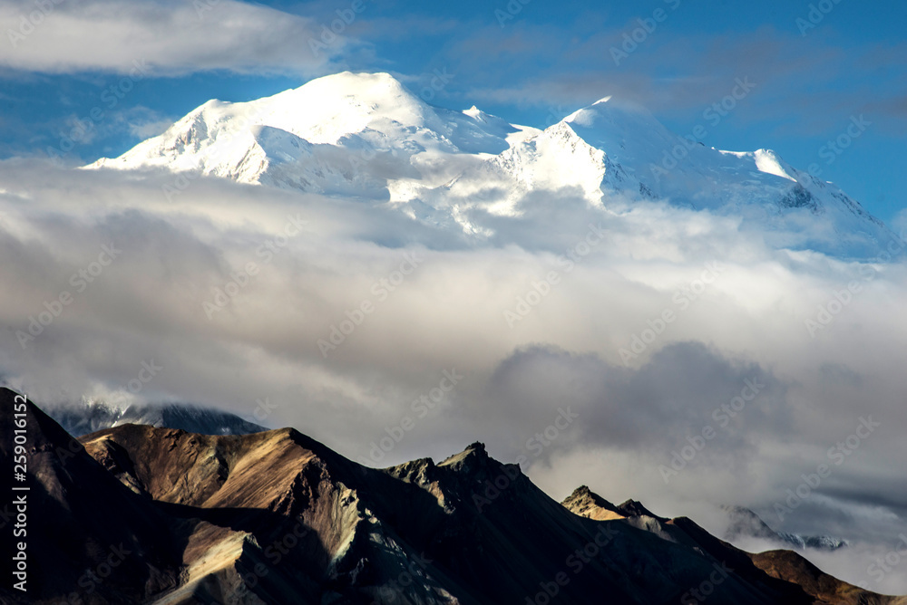 Wall mural closeup of mt. denali (mckinley) under a layer of fog.