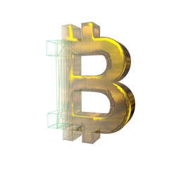 Bitcoin sign, the green grid turns into gold on white background. 3D illustration