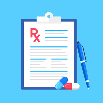 Prescription Pad, Pen And Pills. Rx, Prescription Form. Modern Flat Design. Vector Illustration