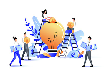 Crowdfunding and investment into idea or business startup. Vector flat illustration.