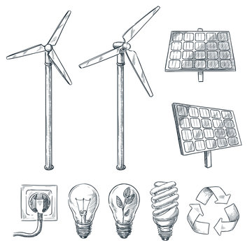 Alternative eco and renewable energy sources. Vector hand drawn sketch illustrations. Wind generator and solar battery symbol
