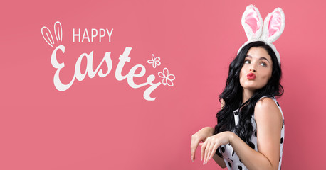 Happy Easter message with young woman with Easter theme