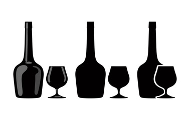 Silhouette of bottle of cognac and glass of brandy. Vector