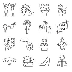Feminism Signs Black Thin Line Icon Set. Vector
