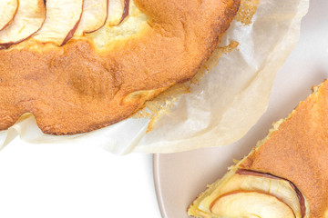 Close up of homemade apple pie isolated on white background