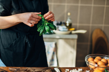 Chef holding fresh basil in the kitchen