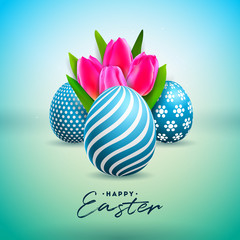 Vector Illustration of Happy Easter Holiday with Painted Egg and Tulip Flower on Shiny Green Background. International Celebration Design with Typography for Greeting Card, Party Invitation or Promo