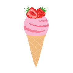 Strawberry ice cream in a waffle cone