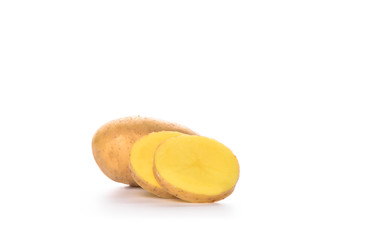 Potato cut slices isolated on white background. Copy space