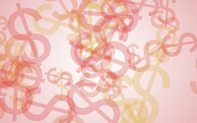 Multicolored translucent dollar signs on white background. Red tones. 3D illustration