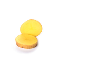 Potato cut slices isolated on white background. Copy space