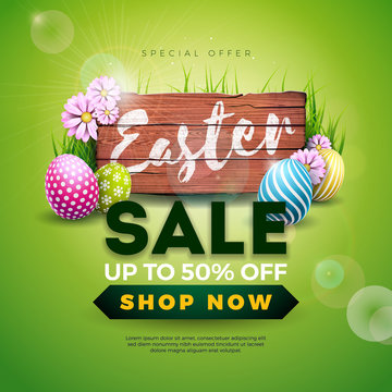 Easter Sale Illustration with Color Painted Egg and Spring Flower on Vintage Wood Background. Vector Holiday Design Template for Coupon, Banner, Voucher or Promotional Poster.