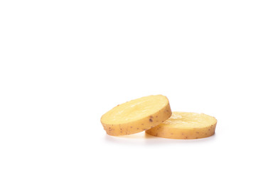 Potato cut slices isolated on white background. Copy space