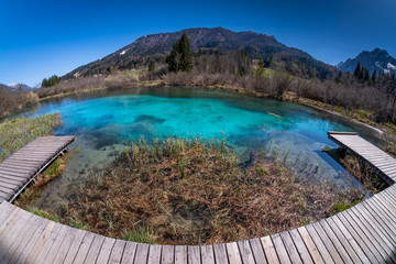 Fototapeta premium Lake Zelenci with observation trail and ponce mountains in Slovenia
