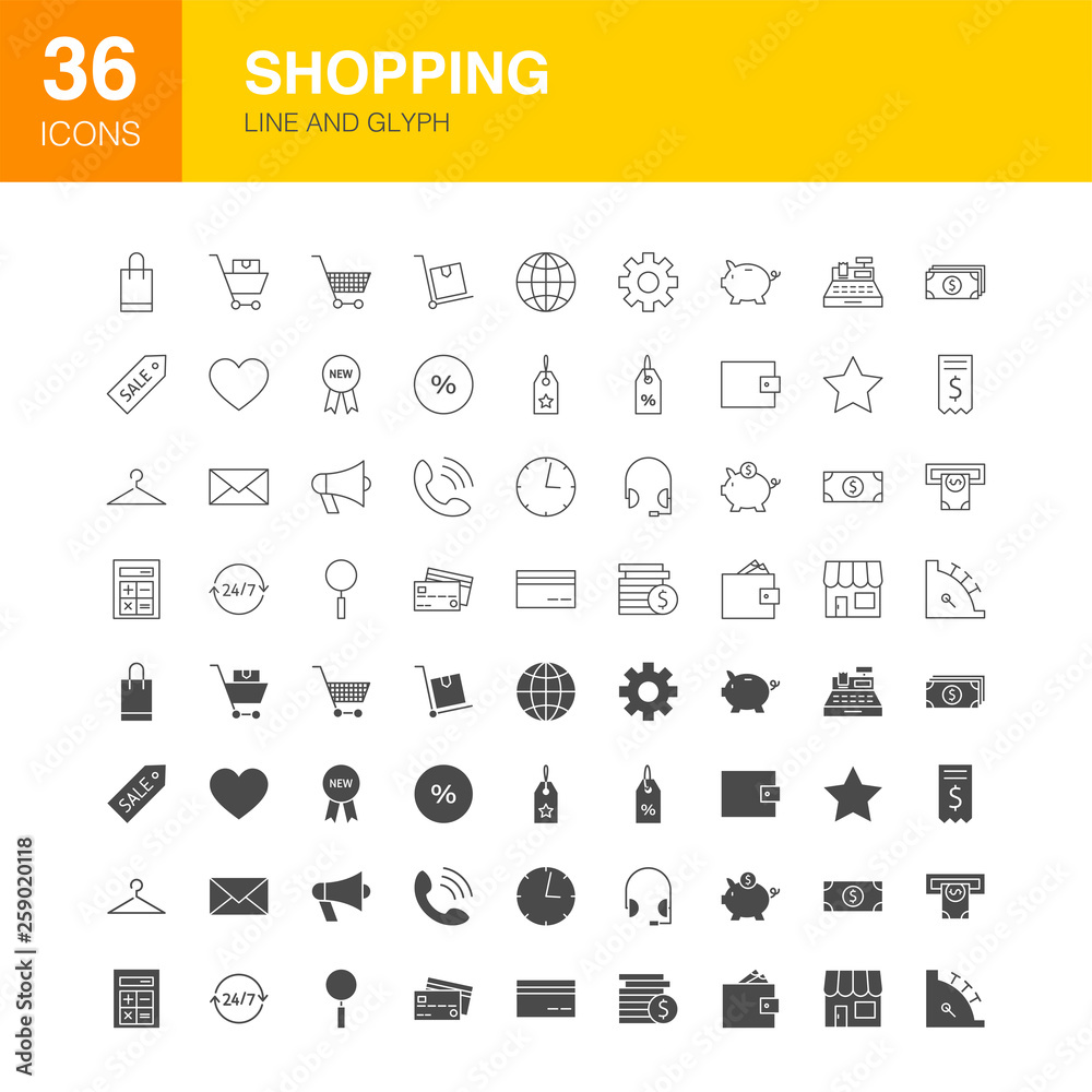 Wall mural shopping line web glyph icons