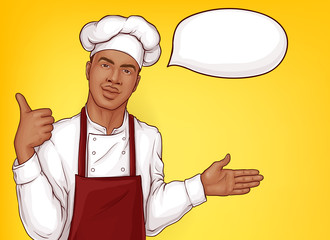 Restaurant, cafe opening promotion campaign pop art vector banner. African-american chef cook in uniform, toque and red apron welcoming guests, showing thumbs up illustration with blank speak cloud - obrazy, fototapety, plakaty