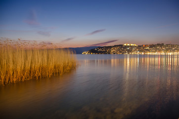 Ohrid, Macedonia – Night scene - view toward old town – Ohrid Lake