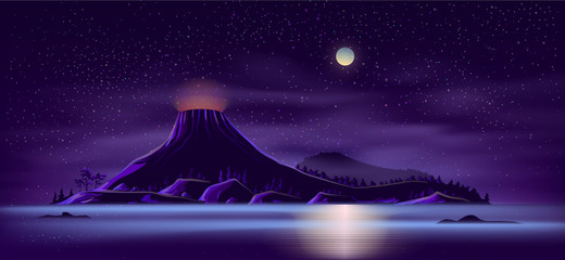 Sea or ocean desert, uninhabited island shore night landscape with active, ready for eruption volcano, mountain top fiery glowing in darkness cartoon vector illustration. Tectonic or volcanic activity - obrazy, fototapety, plakaty