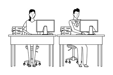 couple in a office desk black and white