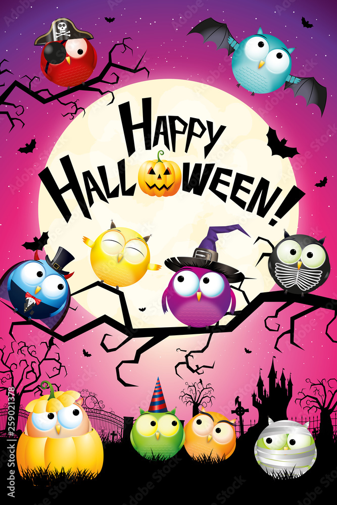 Poster happy halloween card with cartoon owls