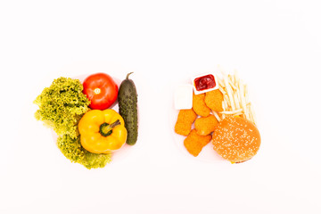 Concept of choose between fresh begetable and Fried chicken and french fries set isolated on white background.