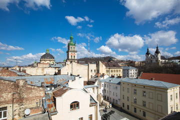 Fototapeta na wymiar Lviv panoramic view on Dominican church and Dormition church
