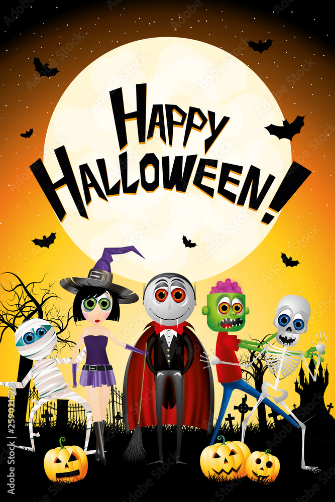 Canvas Prints happy halloween card with dracula, mummy, witch, zombie and skel