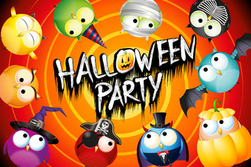 Halloween party poster/ banner with colorful owls in fancy dress